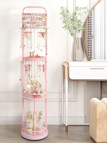 Pink Rotating Jewelry Organizer Stand with Earring, Necklace & Bracelet Storage