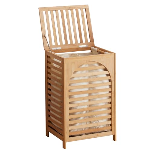 Kitsanery Large Waterproof Bamboo Laundry Hamper with Lid & Removable Washing Bags - Natural