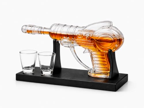 KAAS HAUS Whiskey Decanter Set with Wood Stand & 2 Shot Glasses, Retro Sci-Fi Space Pistol Design, 250mL Gift for Men