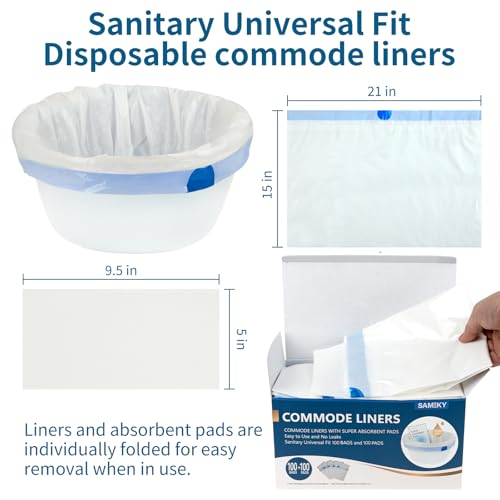 Sameky Bedside Commode Liners with Absorbent Pads 1 Pack of 100 - Universal Fit
