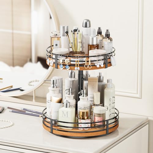 Adjustable 12 Inch 2 Tier Wooden Lazy Susan Turntable Organizer for Kitchen & Home Storage