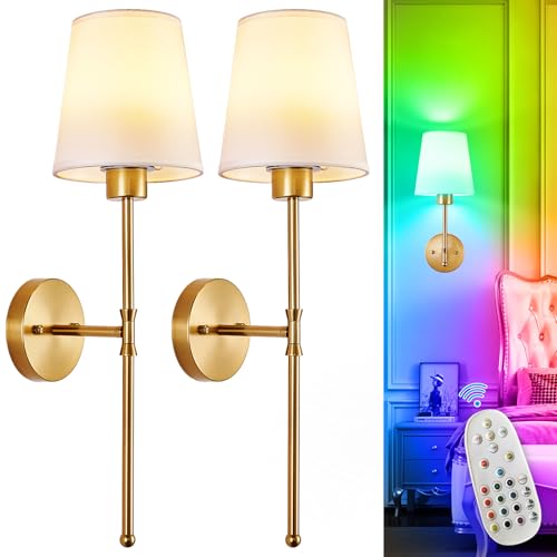 Gold Wireless Battery Wall Sconces Set of 2 - Dimmable RGB Color, 15in