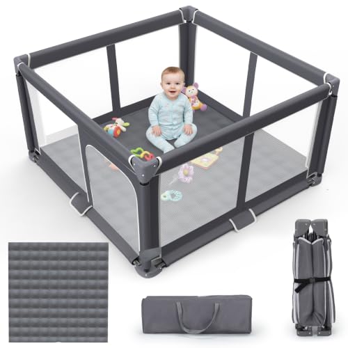 Foldable Baby Playpen with Mat - 50x50 Inch Safety Play Yard for Toddlers - Indoor & Outdoor, Portable Collapsible Design - Dark Gray