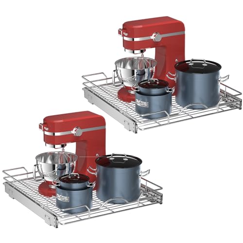 OCG 2 Pack Pull Out Cabinet Organizer 18W x 21D Chrome Finish | Kitchen & Bathroom Shelves