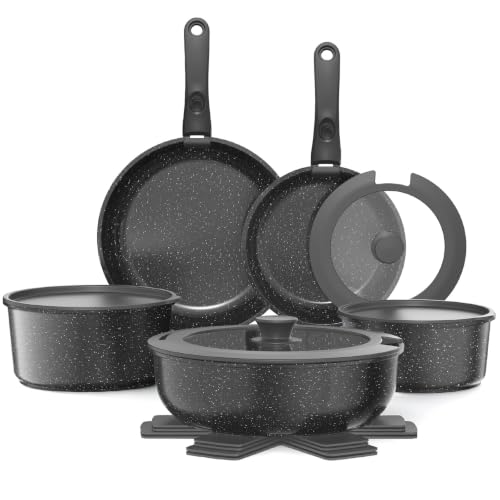 YASHE 15-Piece Nonstick Cookware Set with Removable Handles - Gray, Oven Safe