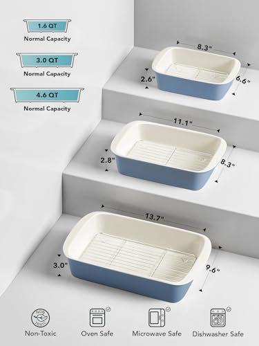 LE TAUCI Ceramic Casserole Set with Racks - Dusty Blue, 3 Sizes, Oven Safe