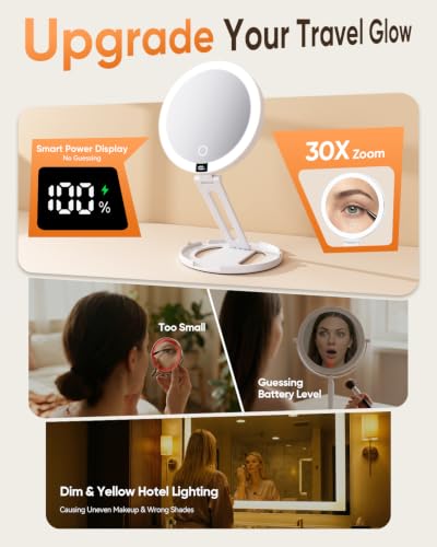 Travel Makeup Mirror with Lights - White, 1X/30X Magnification, Foldable & Rechargeable