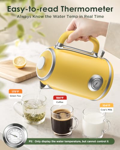 KOIOS 1.8L Electric Kettle with Temperature Gauge - Yellow Retro Design
