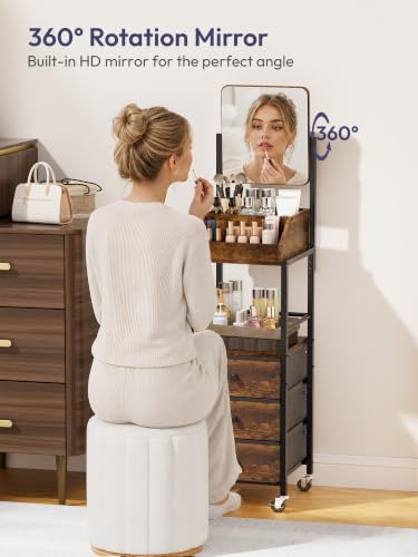 Espresso SWTYMIKI Makeup Organizer Cart with Mirror & Storage Drawers