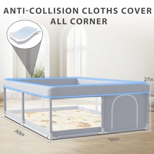 Baby Playpen with Mat - 50x50 Inch Indoor & Outdoor Play Yard for Toddlers - Grey