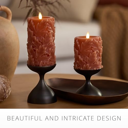 Caramel Cafe Flameless Pillar Candle 3.5x6.5 Inch Embossed Leaves Autumn Decor with Timer