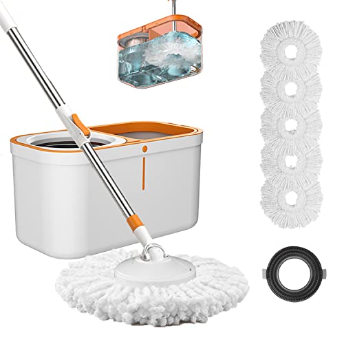 White & Orange 61-Inch Spin Mop and Bucket Set with 5 Refills, Wringer System