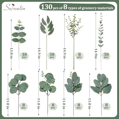 Attractive Eucalyptus Leaves Stems - 130PCS Mixed Faux Greenery for DIY Decor