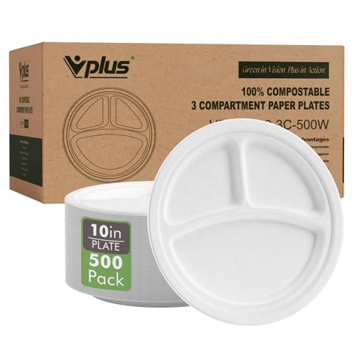 Vplus Compostable Plates 10 Inch 3-Compartment White Pack of 500 - Eco-Friendly Dinnerware