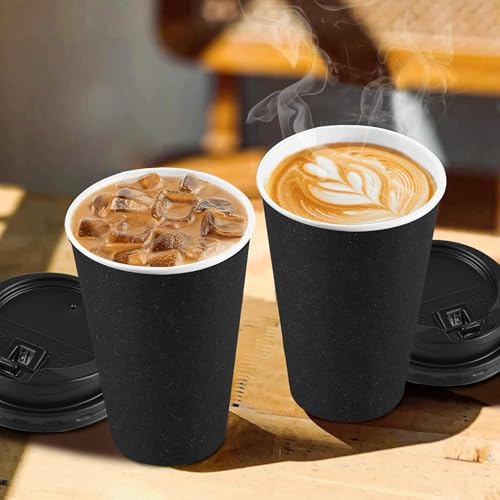 Clawsoff 100 Pack 16 oz Disposable Coffee Cups with Black Lids & Sleeves