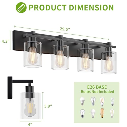 Black & Clear 4-Light Matte Black Bathroom Vanity Light with Thick Glass Shades - 30 Inch Modern Wall Sconce, Over Mirror Lighting