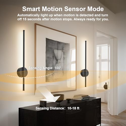 Black 23.6 Inch Motion Sensor Wall Sconce Battery Operated Dimmable 3CCT