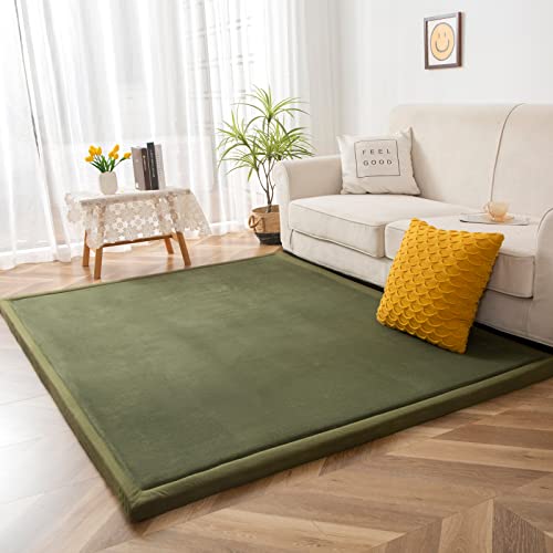 MAXYOYO Olive Green Coral Velvet Area Rug 59x78in with Non-Slip Backing, Thick Japanese Tatami Mat for Living Room & Bedroom