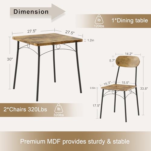 VECELO Rustic Brown 3-Piece Dining Set for 2, Space-Saving Kitchen Table & Chairs