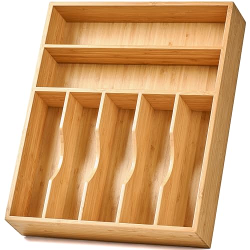 17-Inch Bamboo Drawer Organizer with 7 Slots - Extra Deep Utensil Tray for Flatware & Knives