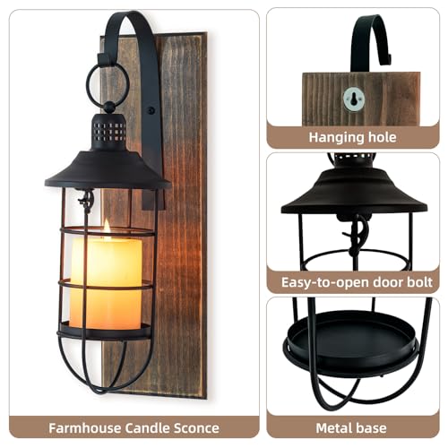 Farmhouse Wall Candle Sconce Set with Black Lanterns - Decorative Wall Mounts for Candles
