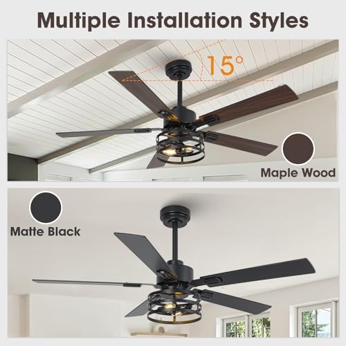 Vaczon 52-inch Farmhouse Ceiling Fan with Light, Maple/Black, 6-Speed DC Motor