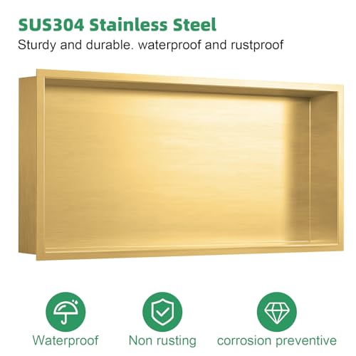 Stainless Steel Shower Niche Insert 24x12 Brushed Gold - Waterproof, No Tile Needed