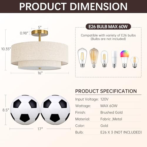 Outiron 16-Inch Gold Semi-Flush Mount Ceiling Light with Dual Drum Design
