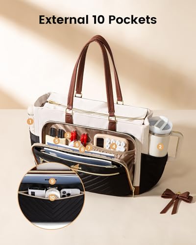 LOVEVOOK 15.6 Inch Insulated Lunch Tote Bag for Women with Large Capacity & Cup Holder - Beige-Black-Brown