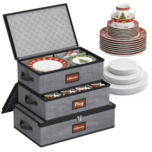 MISSLO Grey 3-Piece Large Capacity China Dish Storage Containers - Protective Kitchen Packing & Moving Boxes