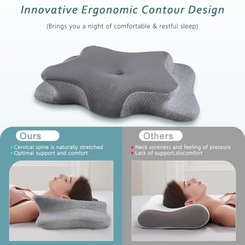 King Size Cervical Neck Pillow for Pain Relief Memory Foam Sleep Support - Dark Grey & Grey
