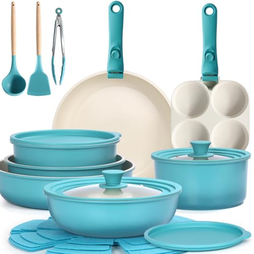 Nonstick Cookware Set 21 Pcs with Detachable Handles - Light Blue Gradient