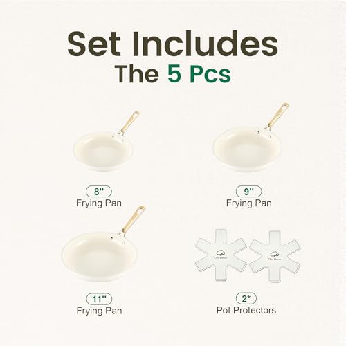 Ceramic Frying Pan Set 5 Pieces - Non-Stick Skillet with Cream White & Light Gold Handles