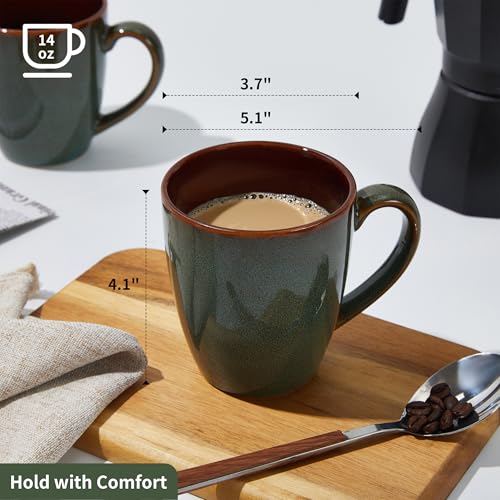 Pokini 14oz Coffee Mug Set of 4 - Artisan Glazed Ceramic Cups for Latte Tea Cappuccino, Brown Green
