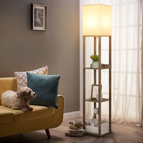 Mlambert Wooden Shelf Floor Lamp with Wireless Charger & USB Ports - Modern Design