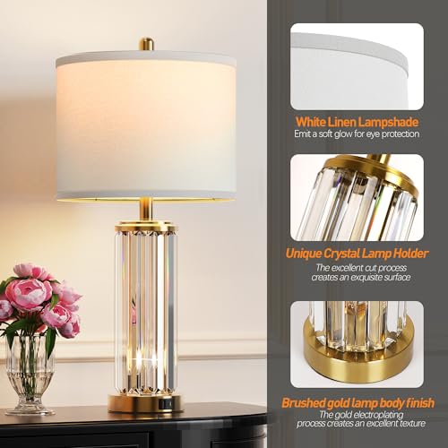 Set of 2 Gold & Clear Modern Table Lamps with Nightlight & USB Charging Ports