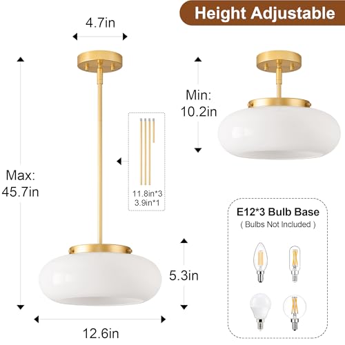 WOKNOS Mid-Century Gold Semi Flush Ceiling Light 12.6 Inch with Adjustable Downrod