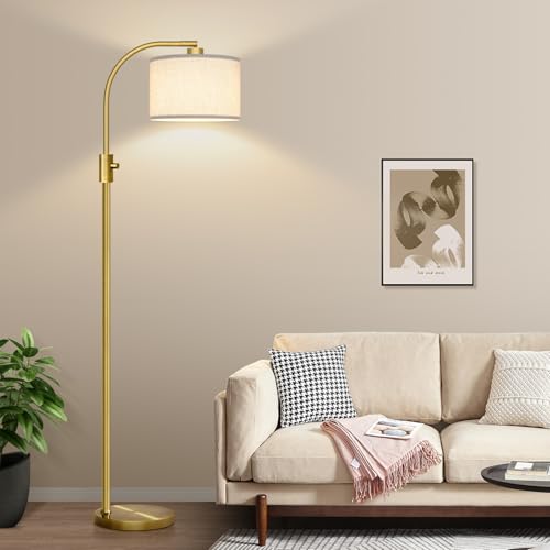 Nintiue Brass Arc Floor Lamp with Linen Shade - Dimmable Tall Standing Lamp for Living Room & Bedroom