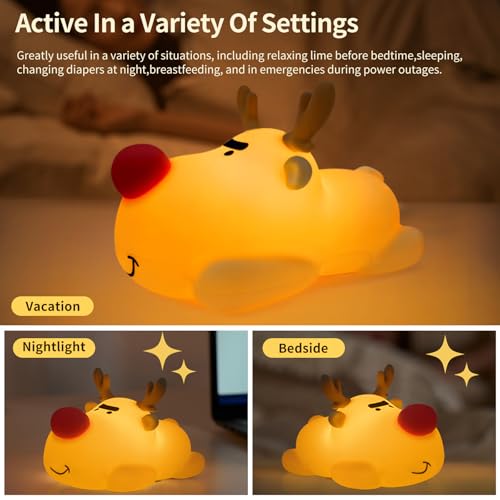 Baby Night Light, 3-Level Dimmable Rechargeable Nursery Nightlight, Timed Reindeer Bedside Touch Light Baby Room Decor, Suitable for Infants and Children During Lactation