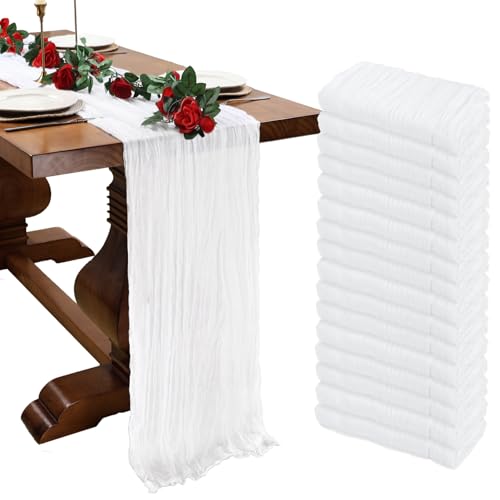 Peppmily 16 Pack White Cheesecloth Table Runners 23 x 120 Inch - 10Ft Set for Events