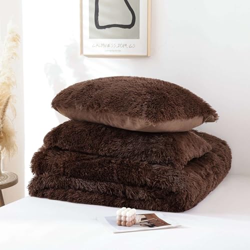 King Size Faux Fur Comforter Set - Coffee Brown, 3 Pieces, Plush & All-Season