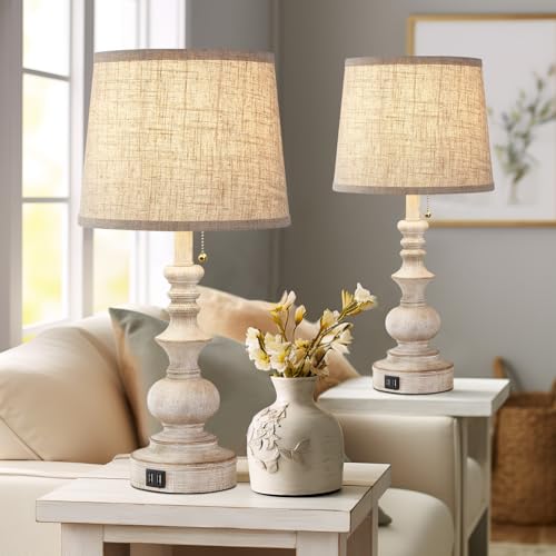 Drawealth Farmhouse Bedside Table Lamps Set of 2 - White, 22'' with USB Charging & Pull Chain