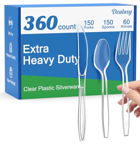 Dealusy 360 Count Extra Heavy Duty Clear Plastic Silverware Set - Disposable & Reusable