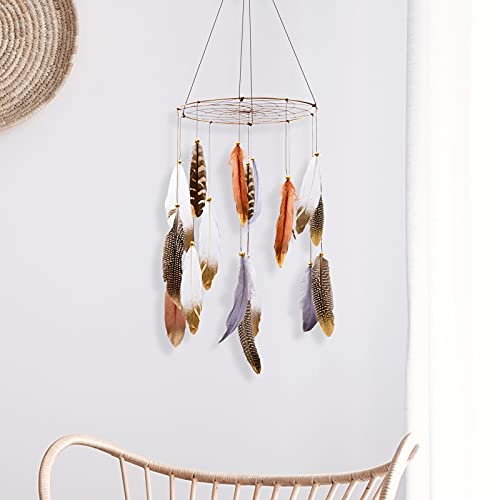 Boho Feather Baby Mobile for Crib, Bohemian Nursery Gender Neutral Hanging Decor, Large Dream Catcher Ornament Hanger Christmas Gift for Kids Girl Boy Ceiling Children Teen Bedroom Outdoor