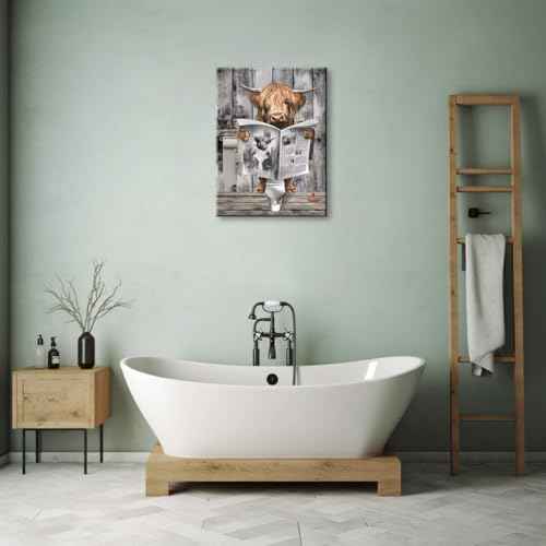 Animal Bathroom Wall Decor Highland Cow Canvas Art Farmhouse Artwork for Walls Cow Bathroom Picture Sitting in Toilet Reading Newspaper Painting Restroom Decoration