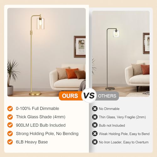 Dimmable Gold Floor Lamp with Clear Glass Shade - Modern Arc Standing Lamp for Living Room, Bedroom, Office - 900LM LED Bulb Included - Variation: Clear Glass-Gold