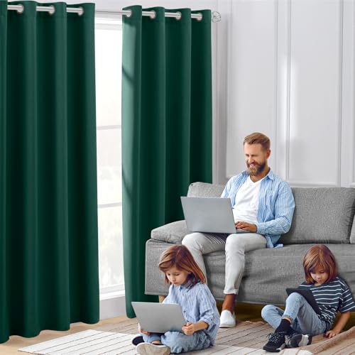 HOMEIDEAS Dark Green Blackout Curtains 52 x 84 Inches Set of 2 Room Darkening Window Drapes for Bedroom & Living Room