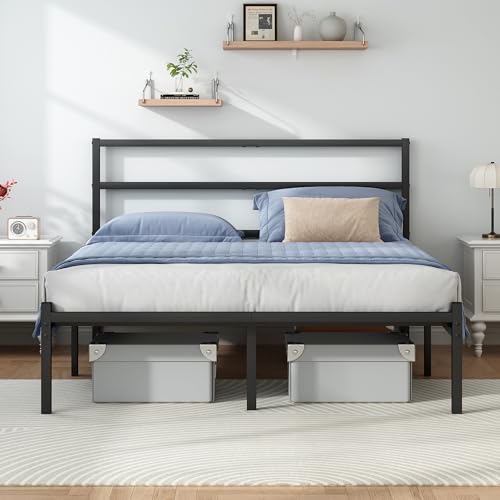 Full Size Bed Frame - Modern Black Steel Platform Bed with Storage