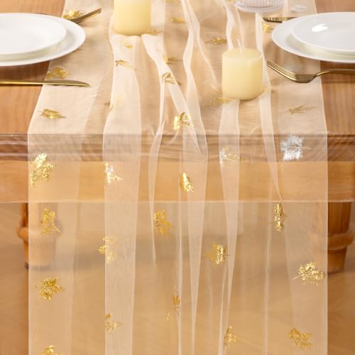 Jimtx Beige Maple Gold Glitter Cheesecloth Table Runner 10FT for Weddings & Events