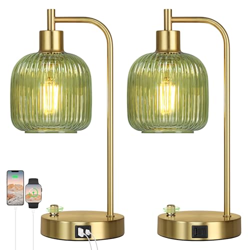 Green Glass Dimmable Table Lamps Set of 2 with USB Ports - Gold & Green Variation